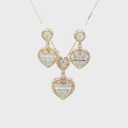 14K Yellow Gold Heart Diamond Pendant Earring Set